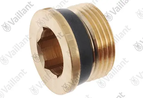 Vaillant Stopfen mit Gewinde und O-Ring, aus Messing gefertigt. Das Produkt zeigt eine runde Form und ist für Rohrverbindungen vorgesehen.